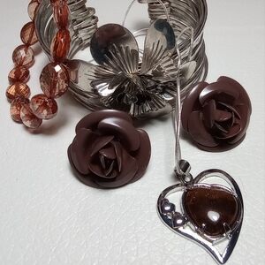 Chocolate Hearts & Roses 4pc Lot Tiger Eye, 15 stack Cuff, Earrings & Stretch